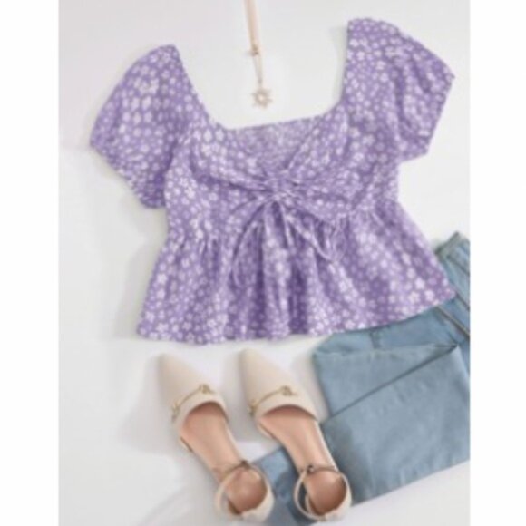 Lavender and White Ditsy Floral Print Cropped Blouse with Shirred Back NWOT - Picture 1 of 10